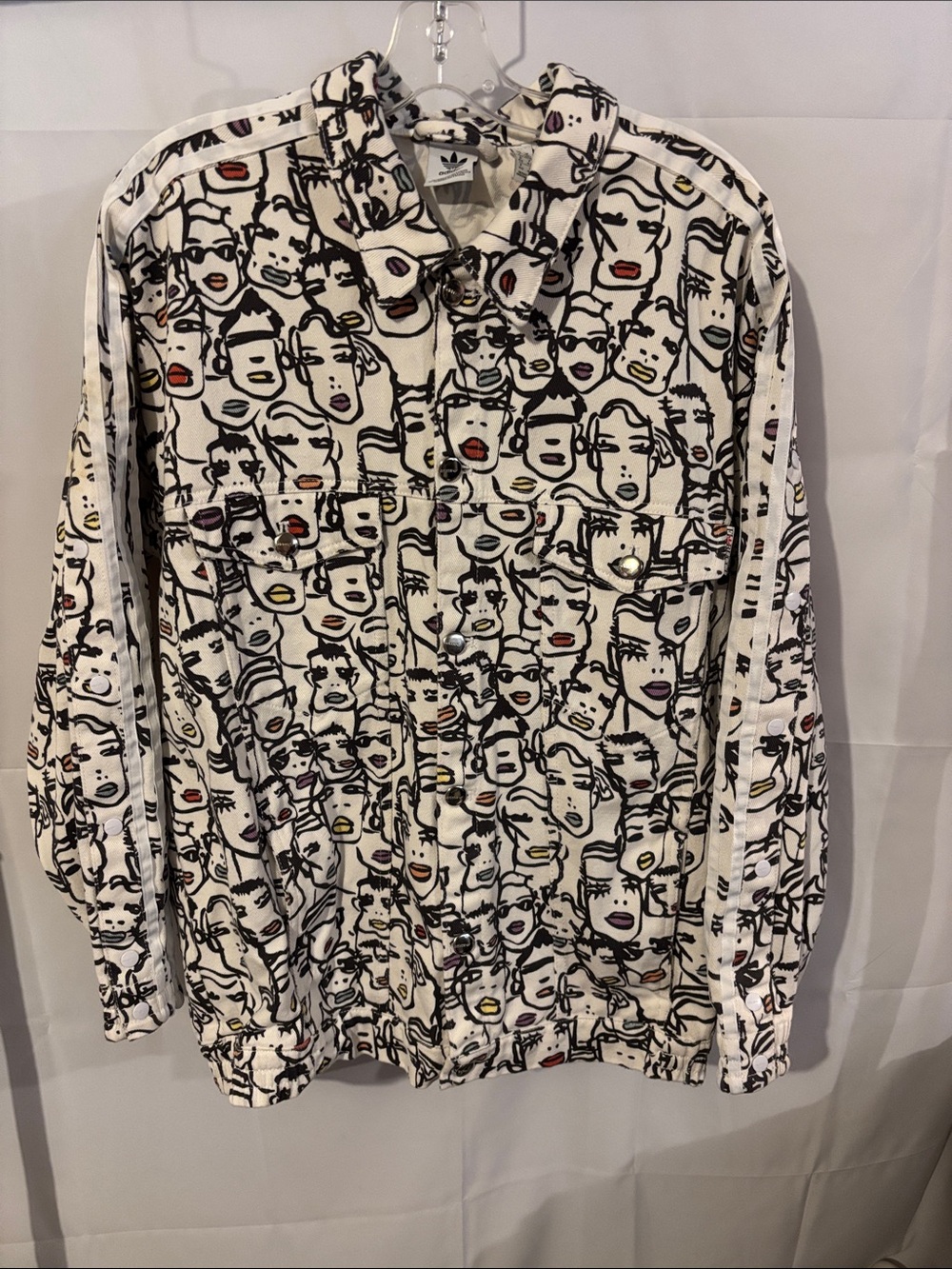 adidas White Faces Print Button-Front Jacket with Multicolor Lips